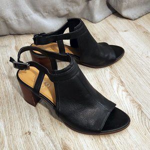 Franco Sarto Harlet Black Leather Slingback Block Heel Peep Toe Sandals